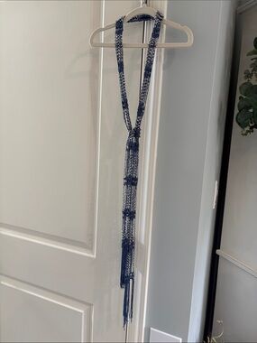 Long Beaded Tassel Necklace in Navy and White